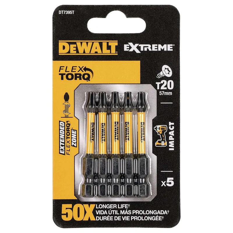 Биты ударные DEWALT "EXTREME" IMPACT TORSION Т20 57мм 5шт. DT7395T-QZ